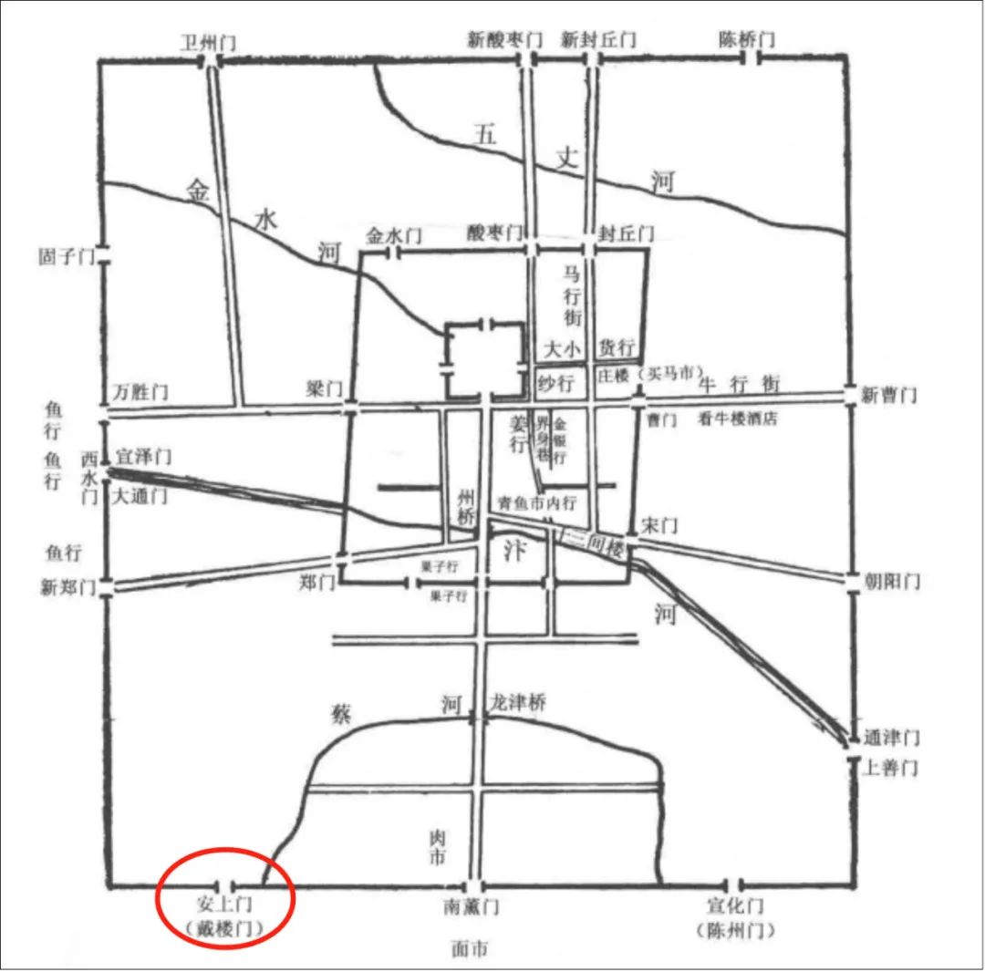 74 北宋东京城(开封)示意图,红圈标识位置,即郑侠担任监门职务之处.