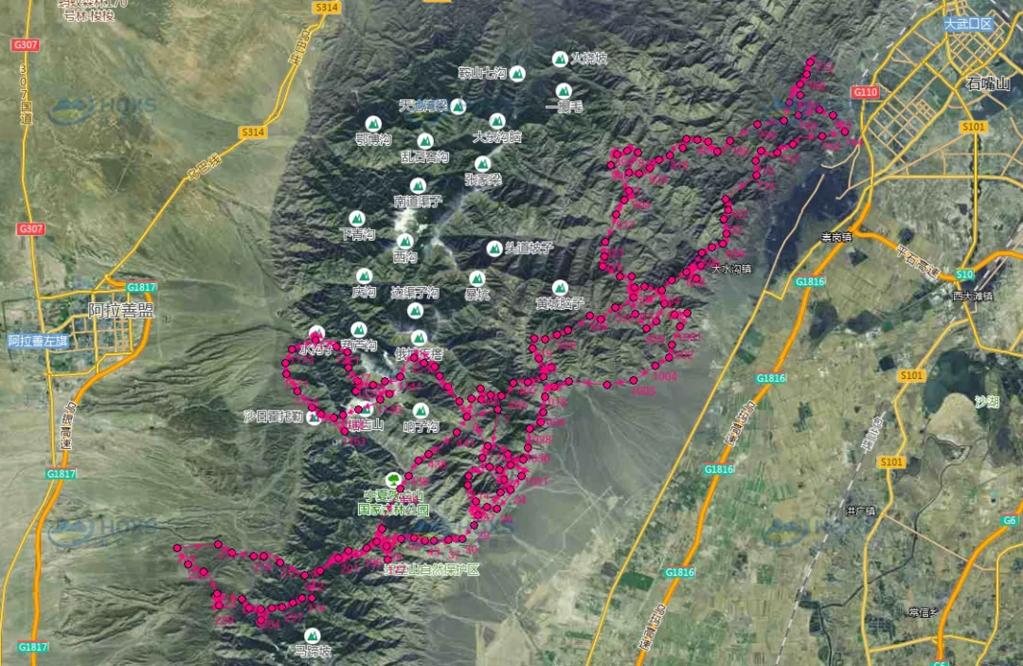 　2个多月来，放归雪豹在贺兰山中的活动轨迹。（受访单位供图）