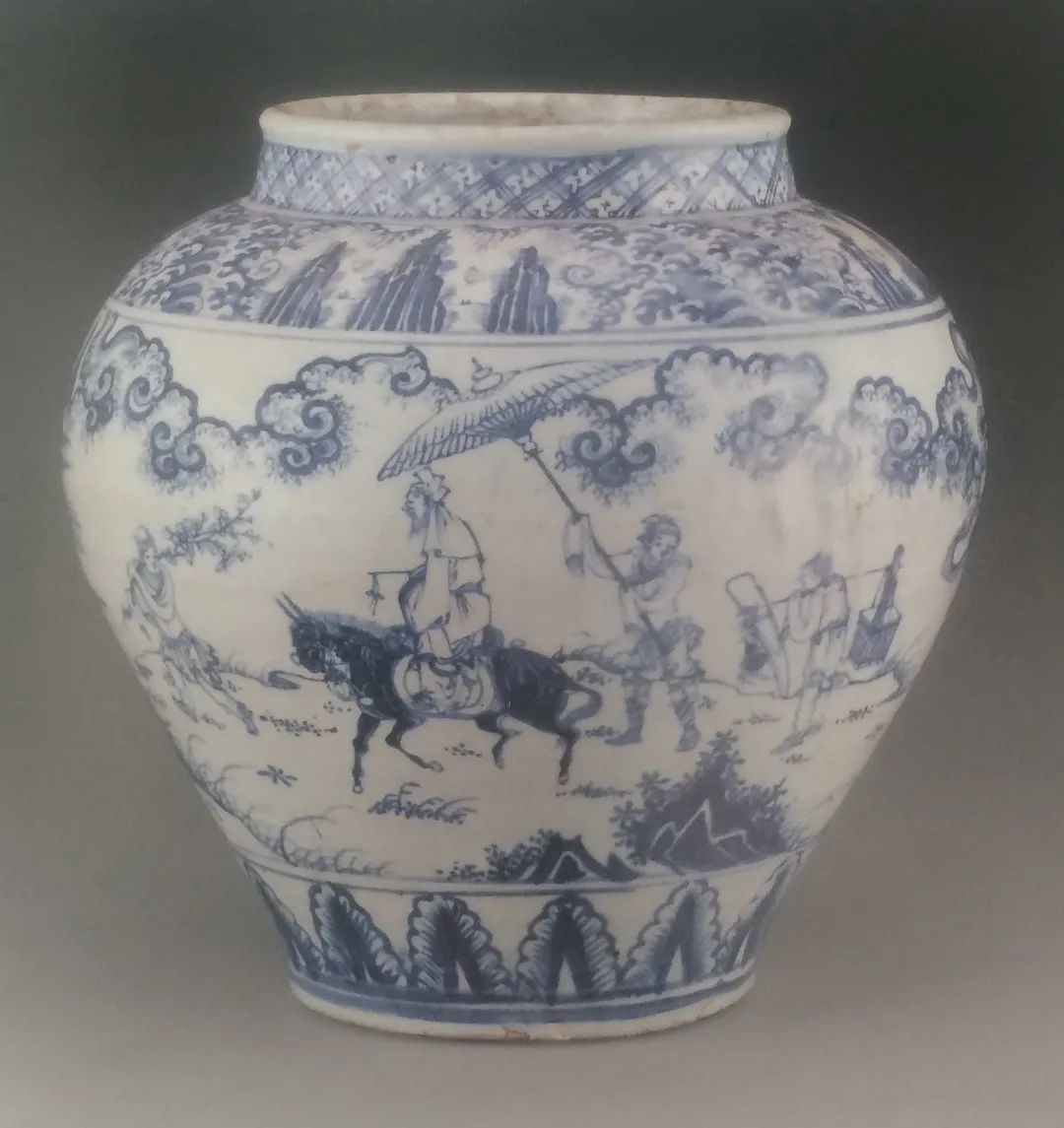 明携琴访友踏雪寻梅青花罐