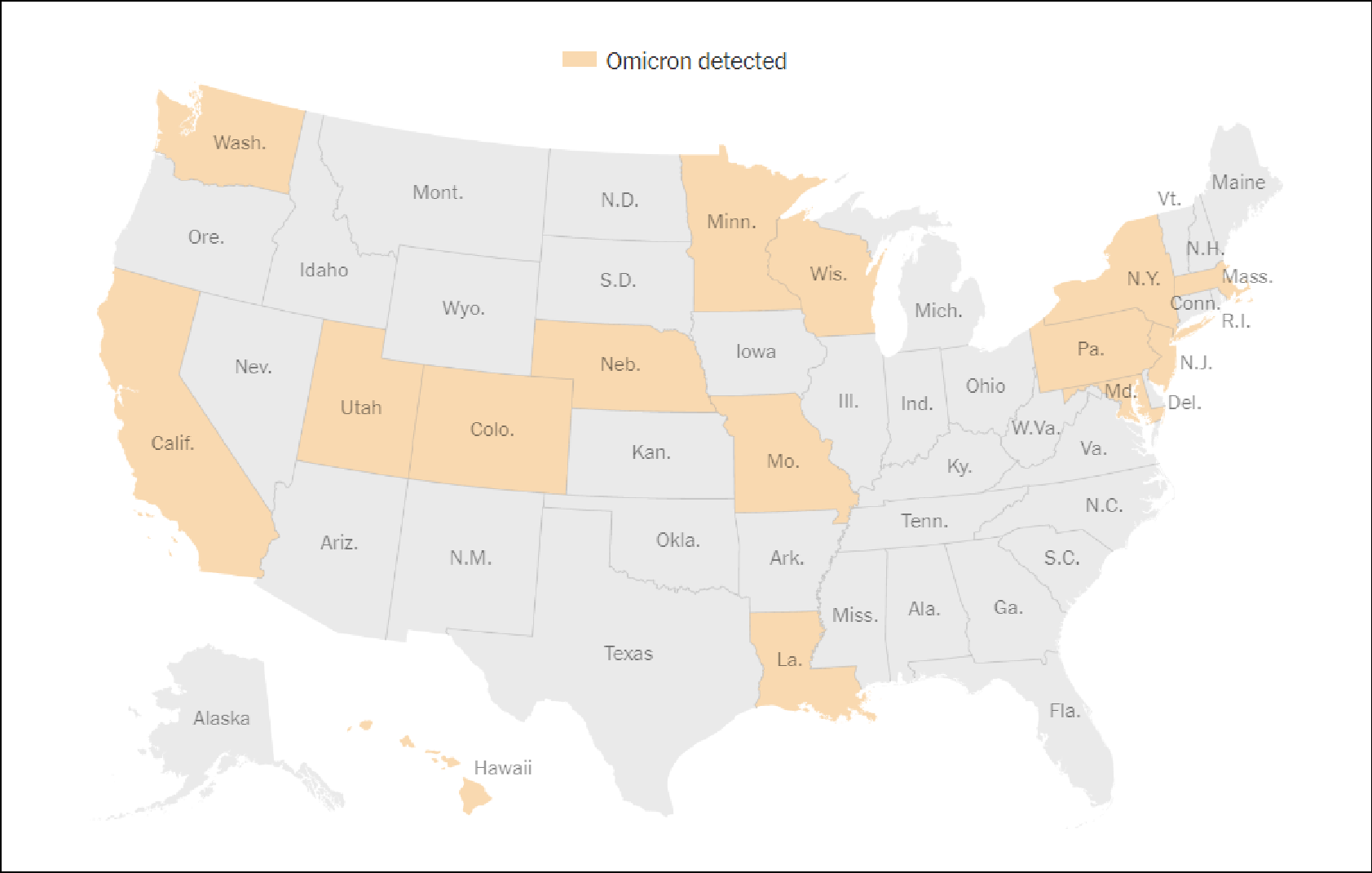 全美出现奥密克戎确诊病例的地区 图源：《纽约时报》