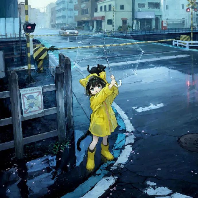 画师笔下的猫少女下雨了出去踩水玩吧