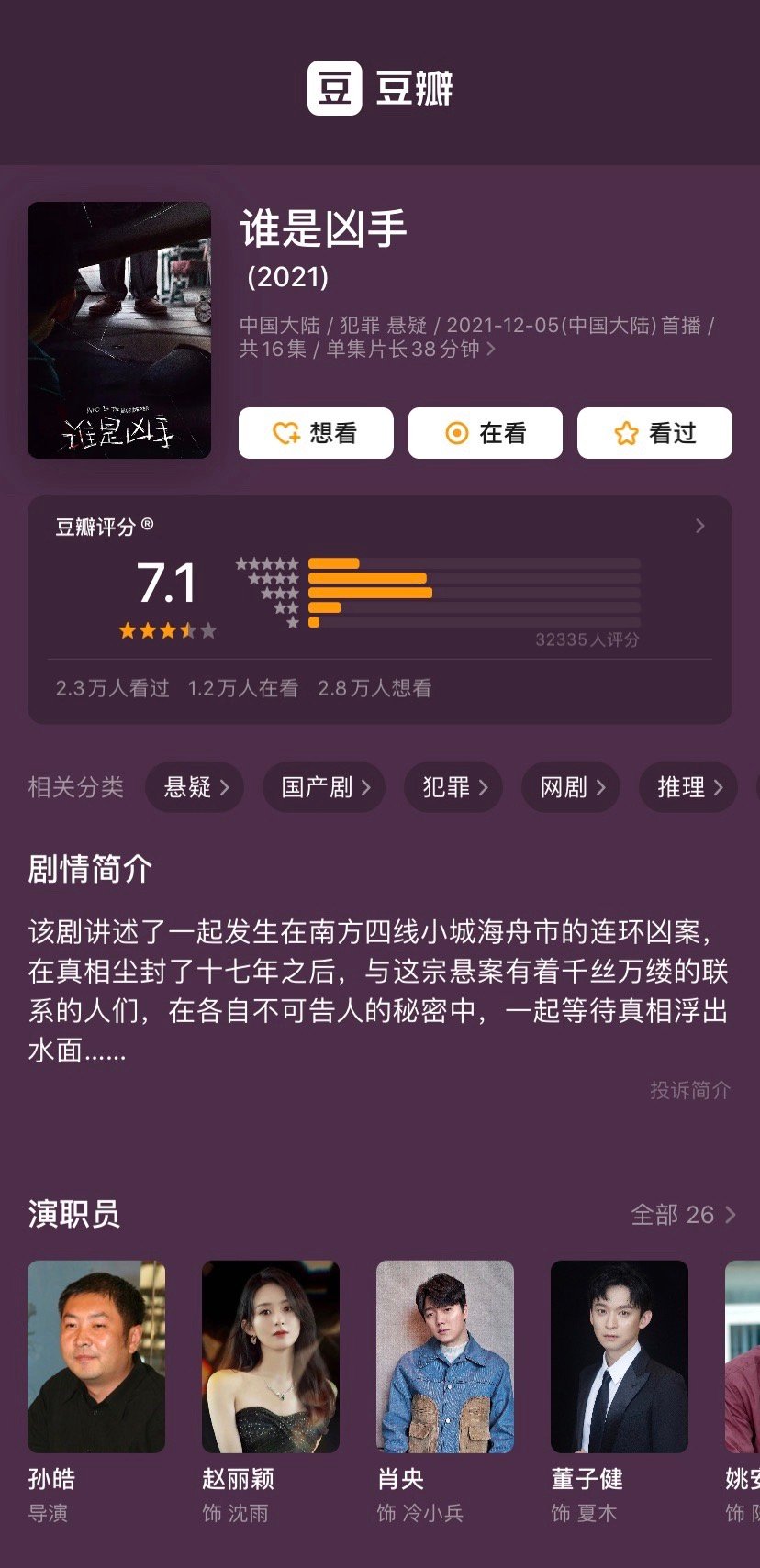 《谁是凶手》开分7.1，目前32335人参与评分……休闲区蓝鸢梦想 - Www.slyday.coM