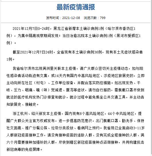 2021年12月7日0-24时,黑龙江省新增新冠肺炎本土确诊病例1例(哈尔滨市