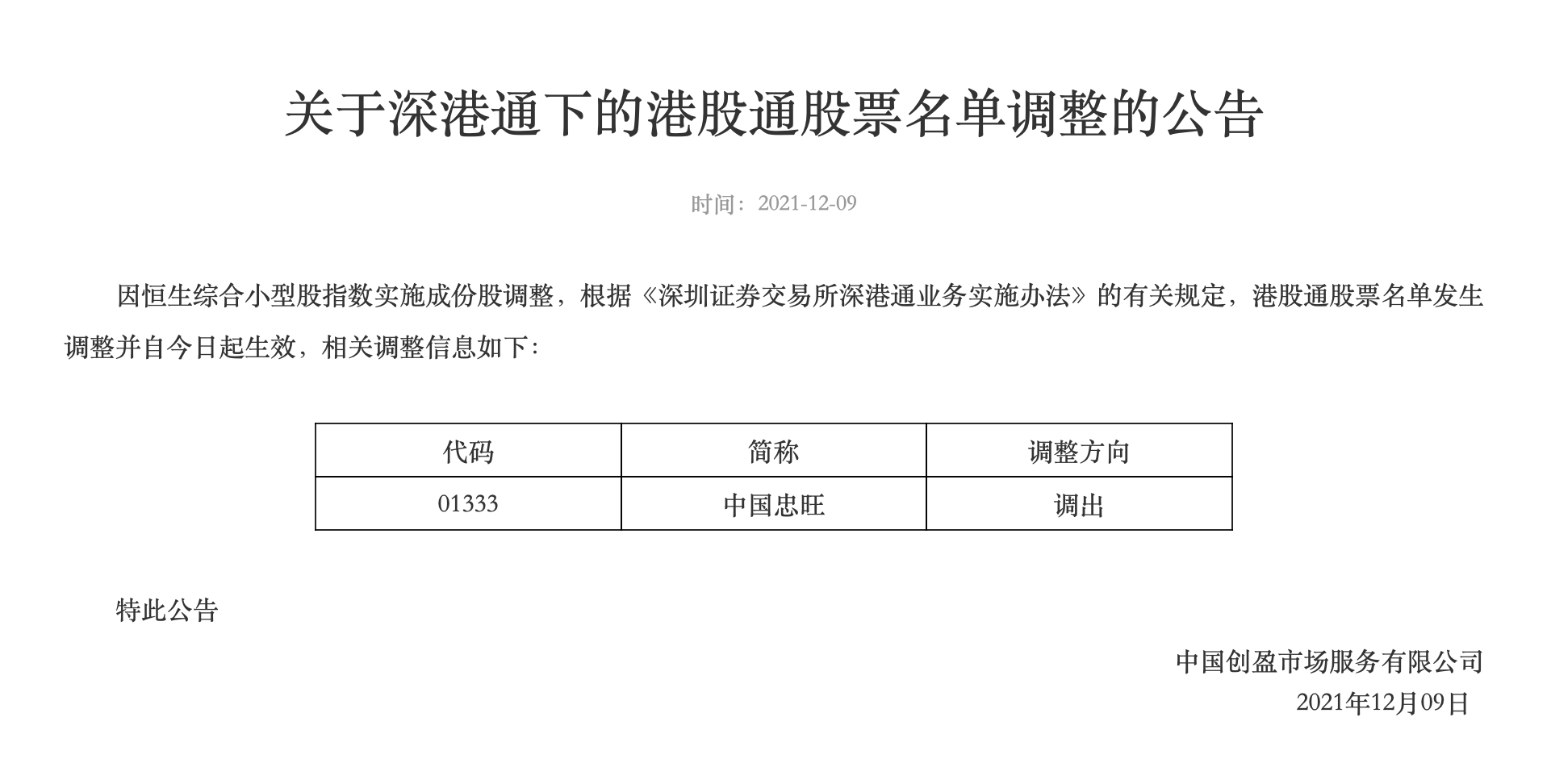 深交所将中国忠旺调出港股通股票名单