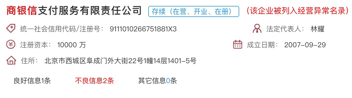 商银信支付公司领1.16亿天价罚单后被列经营异常 接线员在家办公
