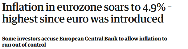 英国《卫报》：欧元区通胀率飙升至4.9%，是自欧元引入以来的最高水平