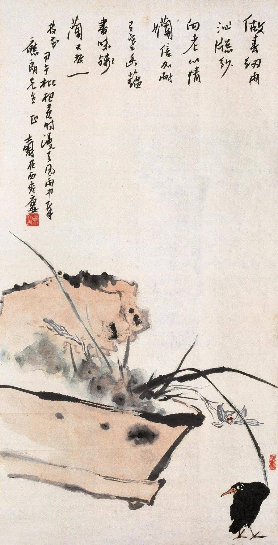 潘天寿的兰花作品一般都为长幅,画面构图很的险且新的感觉,这恰恰更好