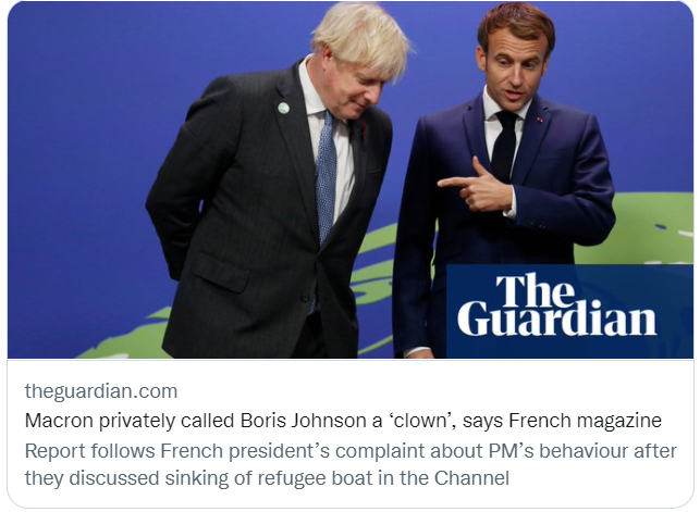 法国总统马克龙私下称呼英国首相约翰逊为“小丑”。/社交媒体截图