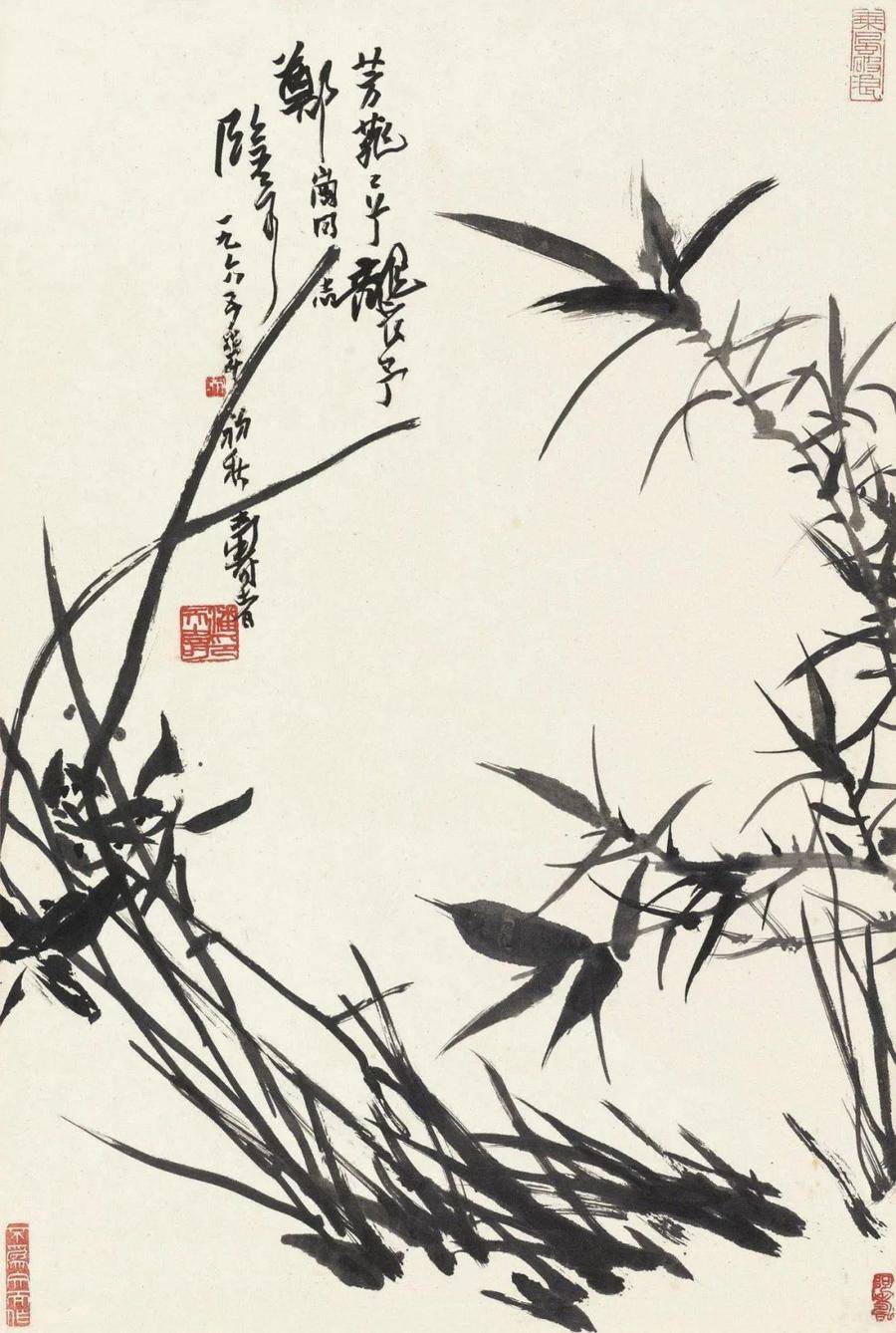 潘天寿写兰作品欣赏▼潘天寿的兰花作品一般都为长幅,画面构图很的险