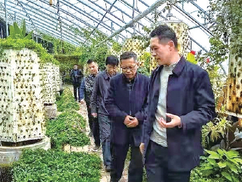 　　图为来自内蒙古的养鱼能手巴特尔（右一）在妻子的老家冠县定远寨镇高科技大棚中示范“鱼菜共生”养殖模式。