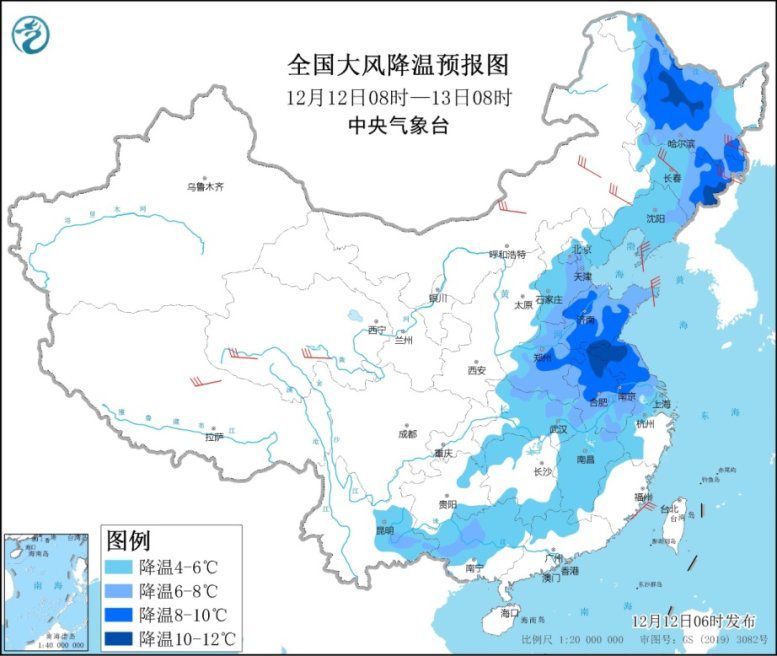 图1全国大风降温预报图(12日08时-13日08时)