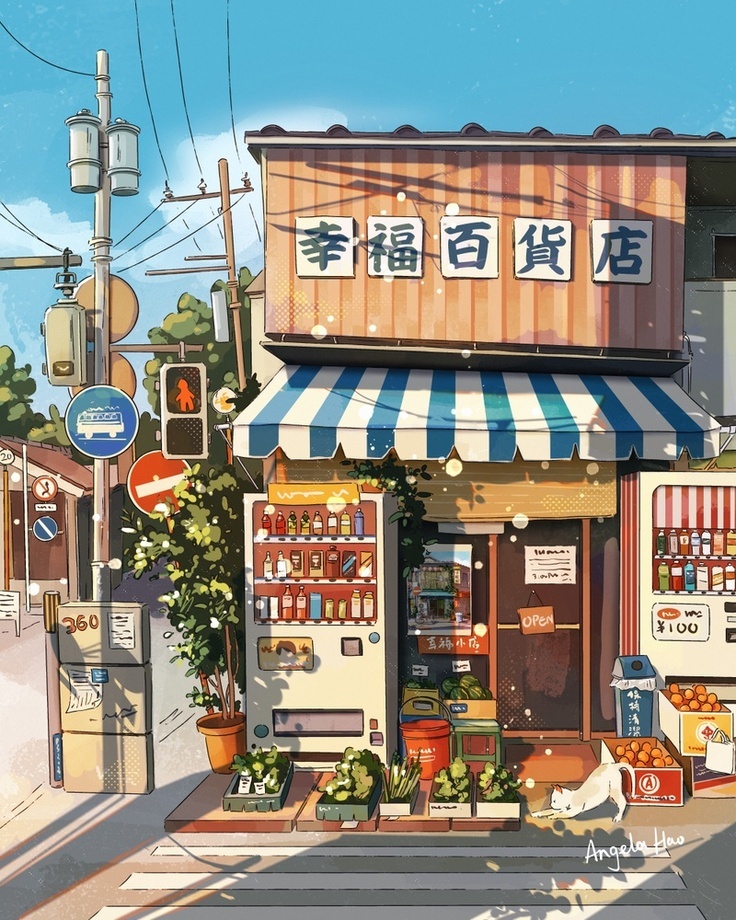 来自插画师angleahao笔下的治愈街边小店绘画作品