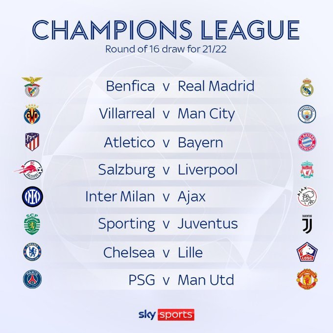 完全对阵表 巴黎vs曼联 切尔西vs里尔 葡萄牙体育vs尤