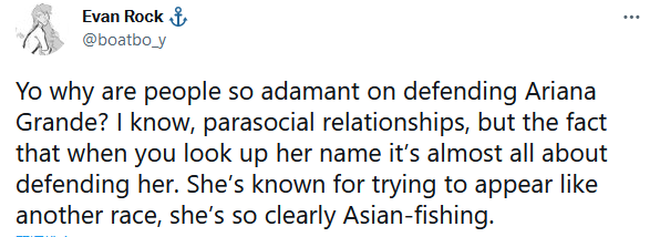 “她以试图表现得像另一个人种而出名，她显然是Asian fishing。”