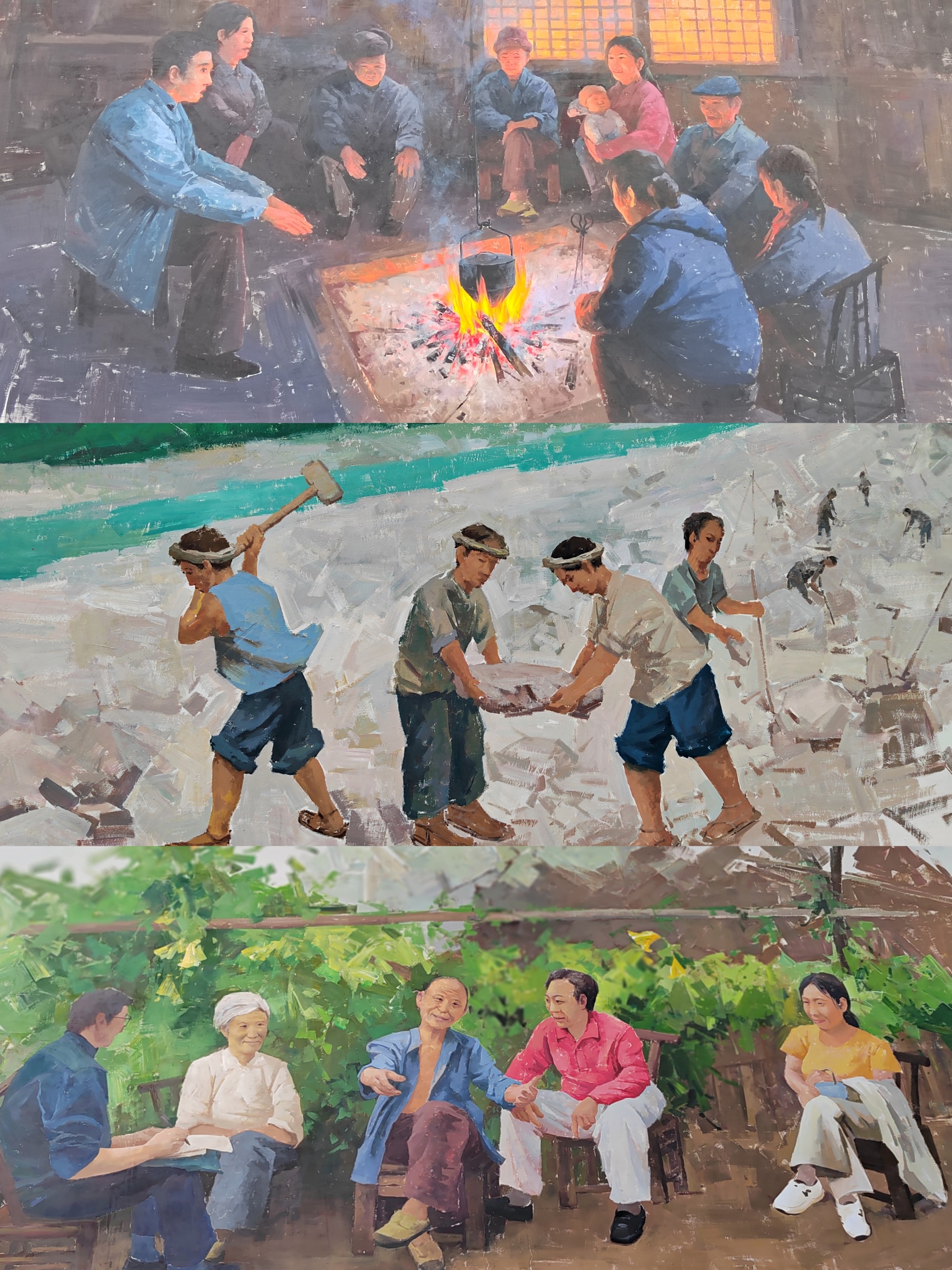 龚庭杰画的墙绘——纤夫拉纤,围炉夜话,田间闲聊(央广网记者 陈锐海