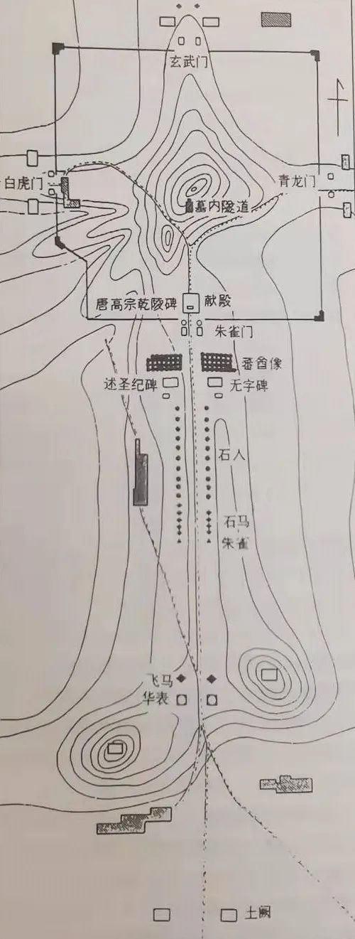 同样规整的乾陵平面图唐代帝陵分布在渭河以北,以长安城为中心,自东