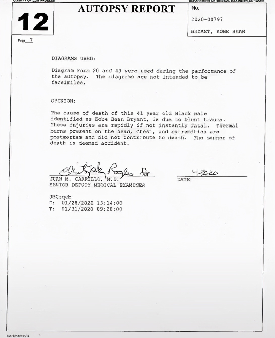 科比尸检报告细节图公布妻子瓦妮莎签字医学修整图让人落泪