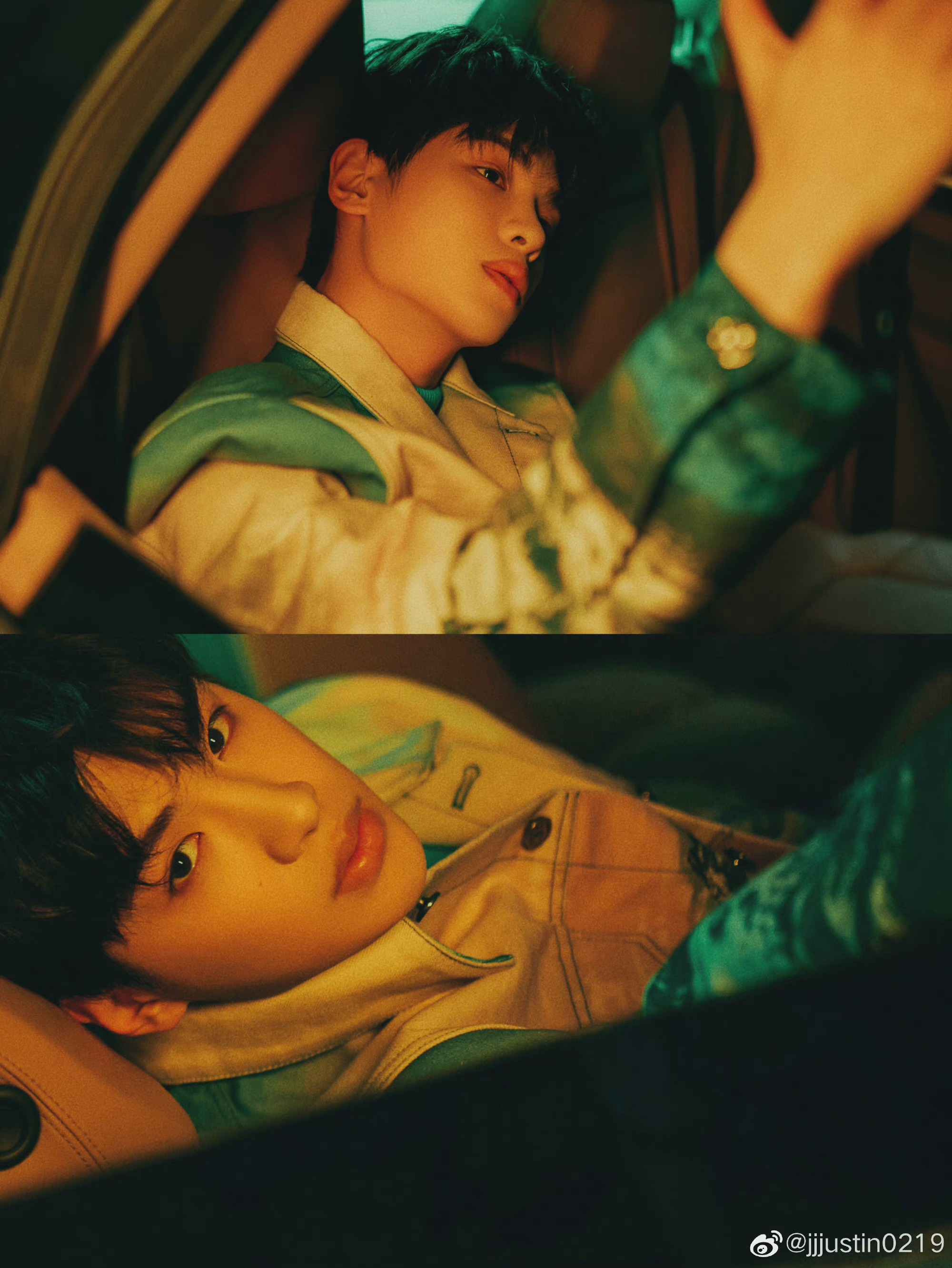 黄明昊电影北京特别放映造型图风景印花牛仔内搭绿色高领