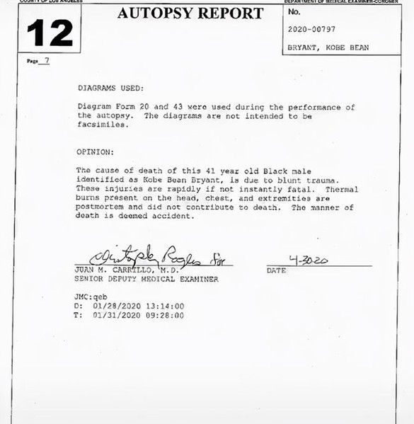 不忍直视19张科比尸检报告出炉多处致命伤害瓦妮莎签字颤抖