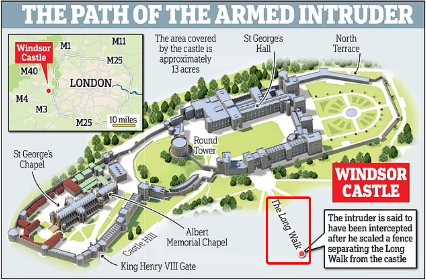 英国温莎城堡地图，该男子在红框处“长道”处被捕