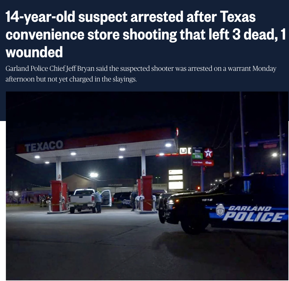 美国14岁小伙进入加油站便利店开20多枪 打死3名少年