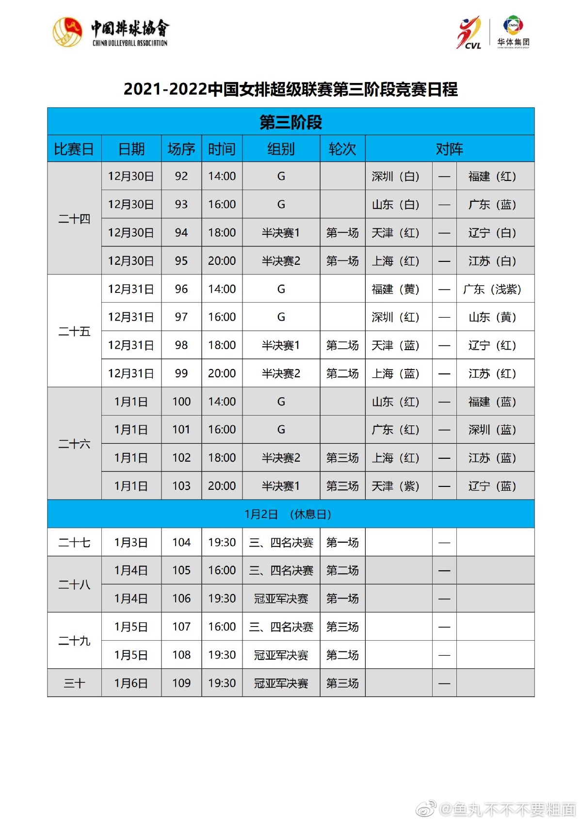 20212022赛季中国女排超级联赛第三阶段竞赛日程公布