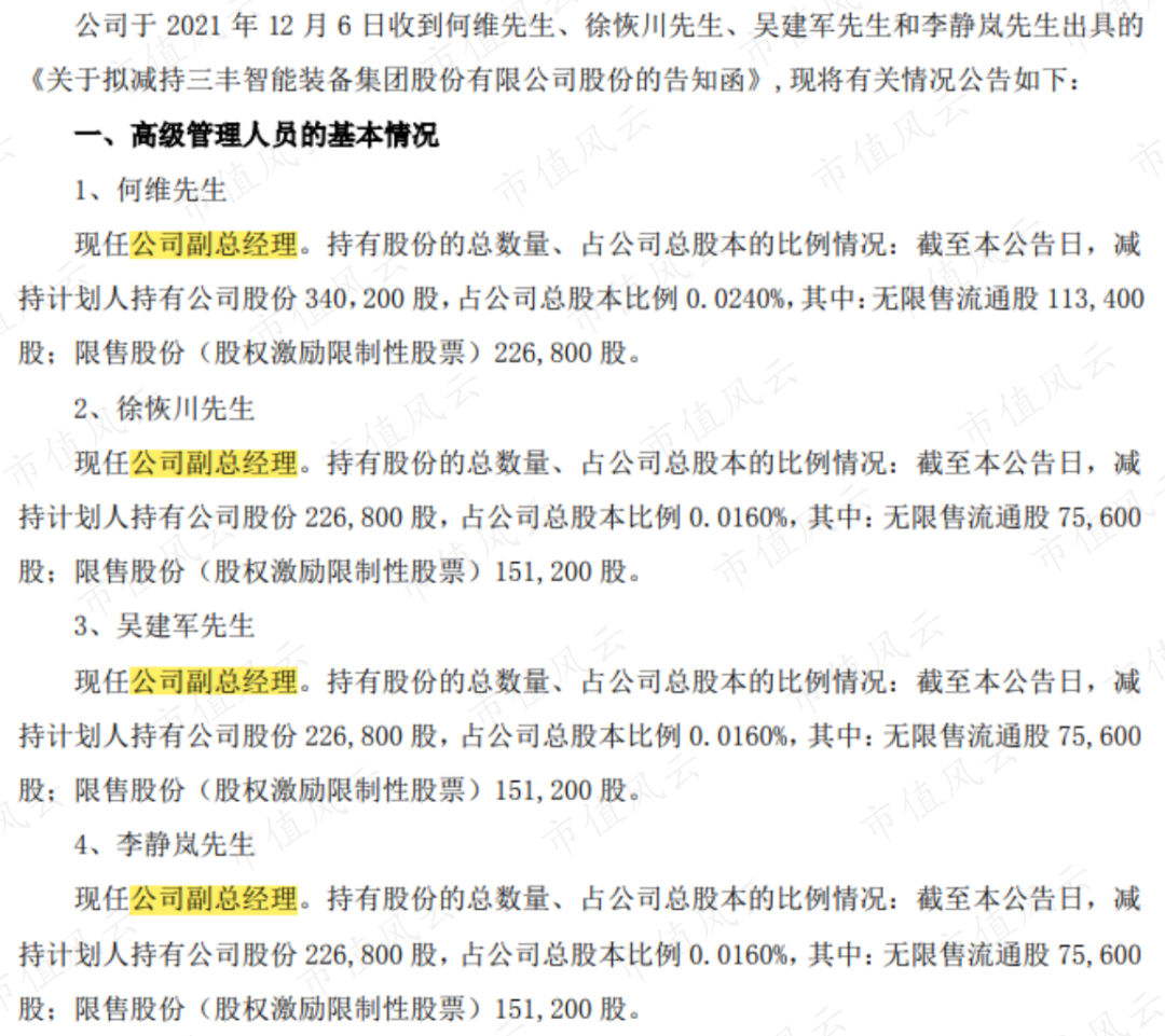 (来源:关于高级管理人员股份减持计划的预披露公告)