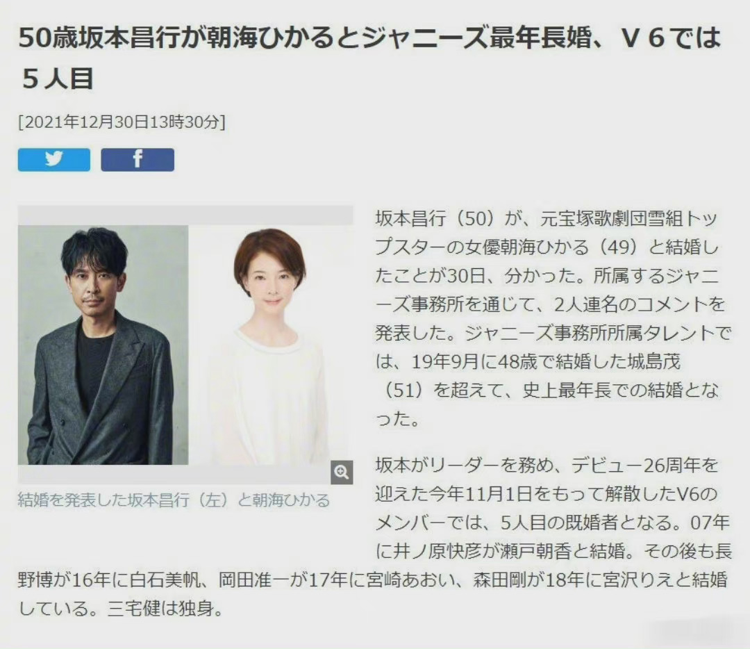 前v6队长坂本昌行宣布与原宝冢歌剧团朝海光结婚