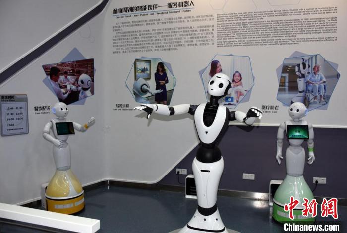 中国科技馆“智能”展厅携多款机器人亮相，服务机器人舞蹈演示。中新社记者 孙自法 摄