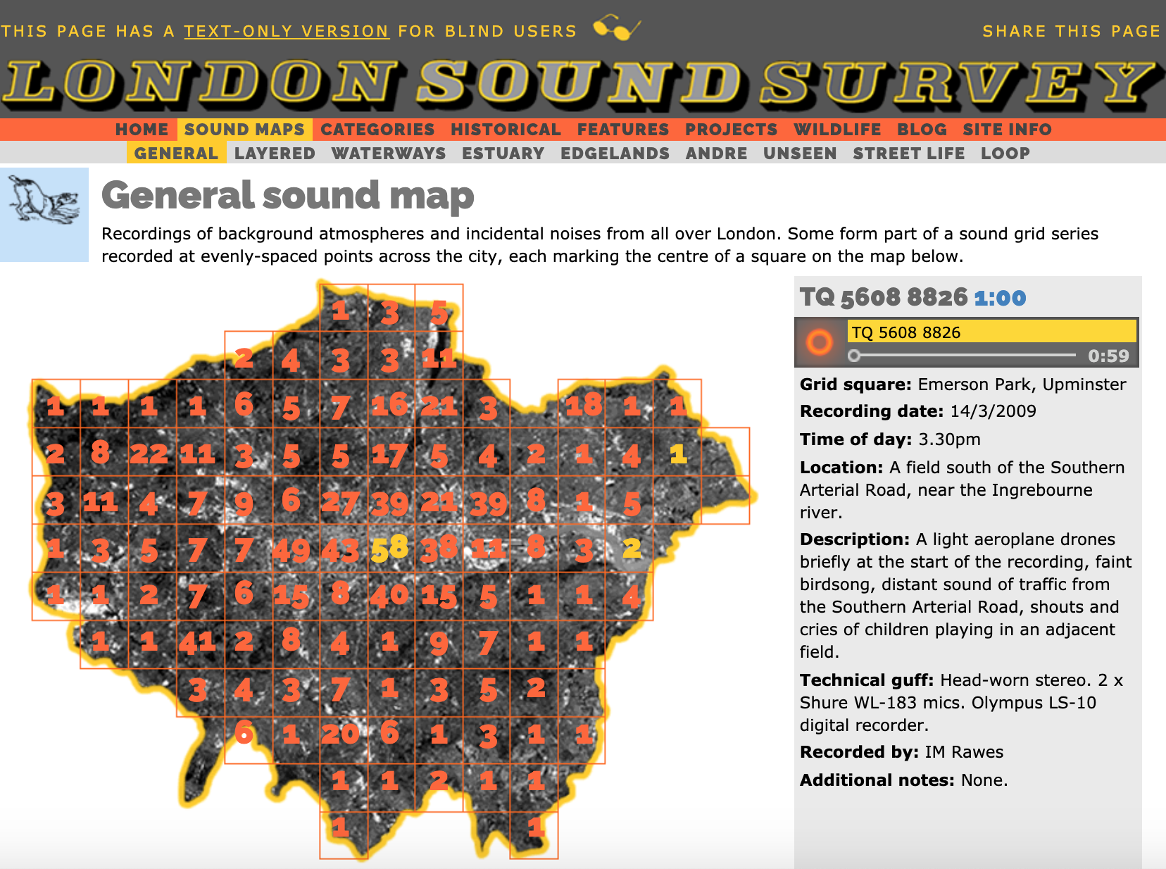 “伦敦声音调查”网站上的“声音地图”页面，每个小方块里的数字表示该地块上的录音数量。 网站截图