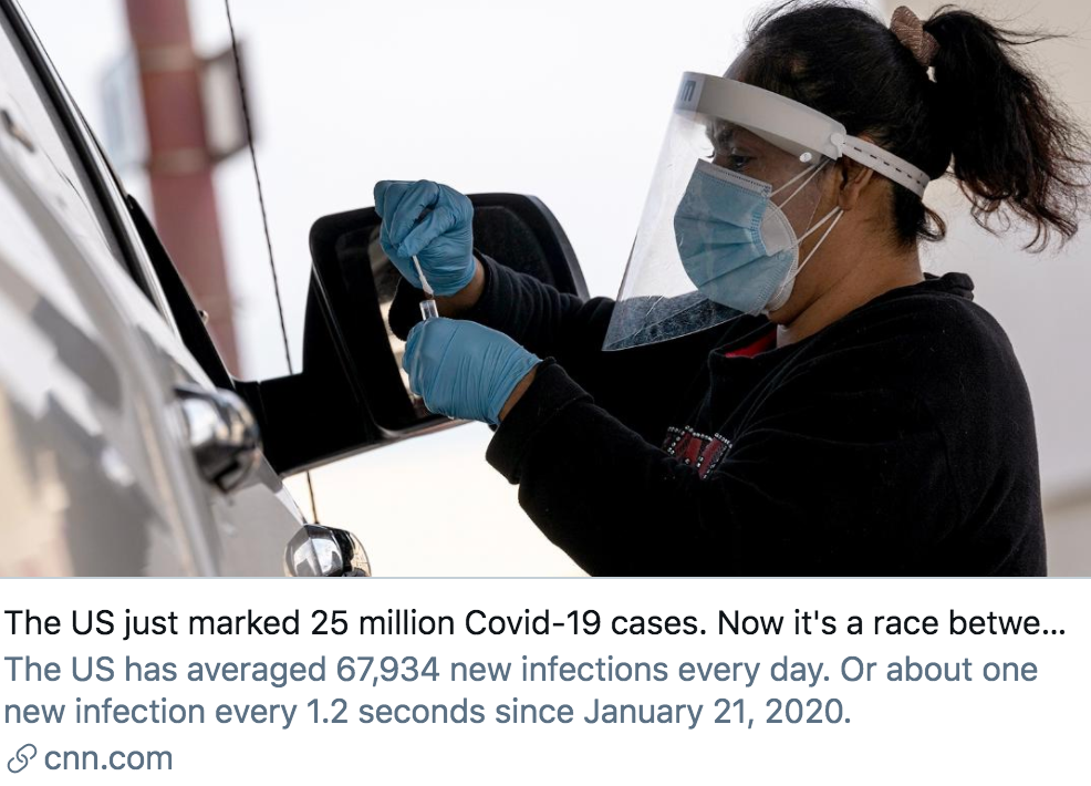 美国确诊病例超2500万例，现在是疫苗和变异新冠病毒之间的竞赛。/ CNN报道截图