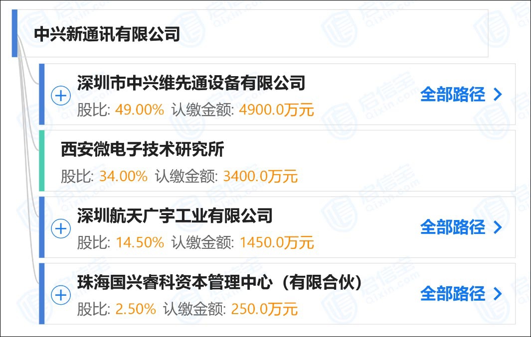 中兴新股权结构 启信宝截图