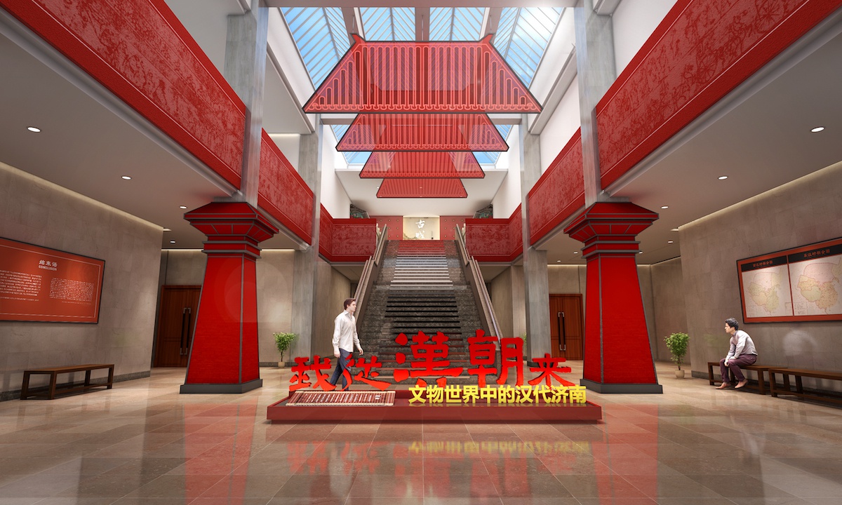 文化氛围,大厅两侧两个高大的汉阙装饰是由汉代壁画中的汉阙变形而来