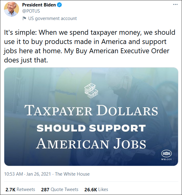 |拜登号召花美国纳税人的钱买美国货 美媒泼冷水