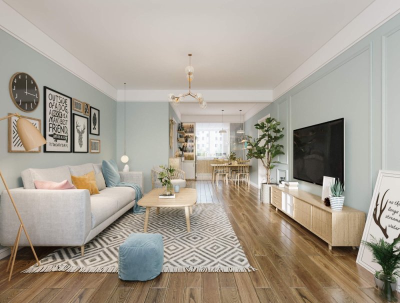 客厅沙发背景采用乳胶漆调色,和石膏线条搭配让空间的色彩充分发挥