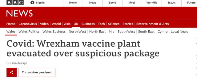 英国阿斯利康一生产新冠疫苗工厂出现可疑包裹，拆弹小组出动