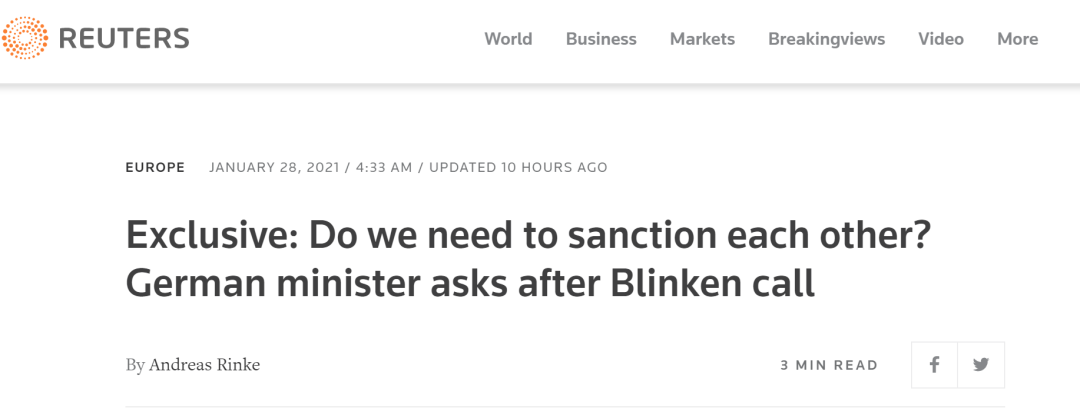 路透社报道截图：德国外长在与布林肯通话后发出质疑，“我们需要彼此制裁吗？”