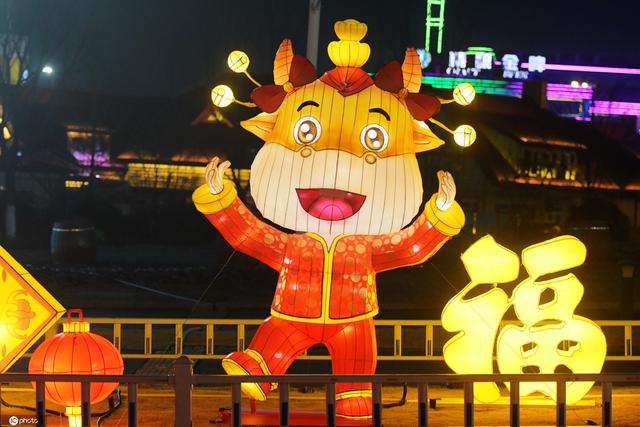 喜庆牛花灯迎接春节 彩灯璀璨年味浓