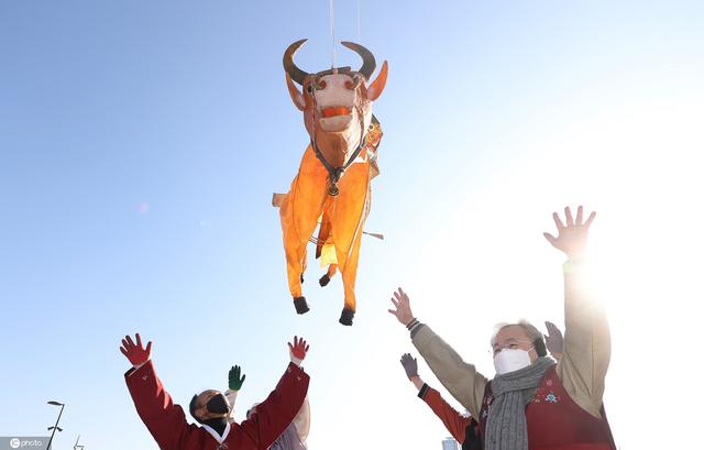 韩国民众放飞"牛"风筝