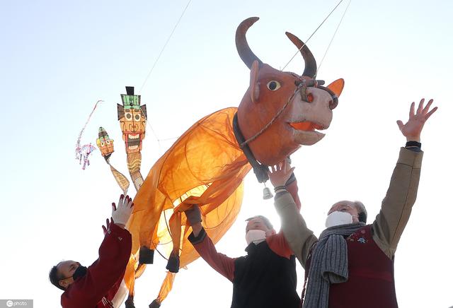 韩国民众放飞"牛"风筝