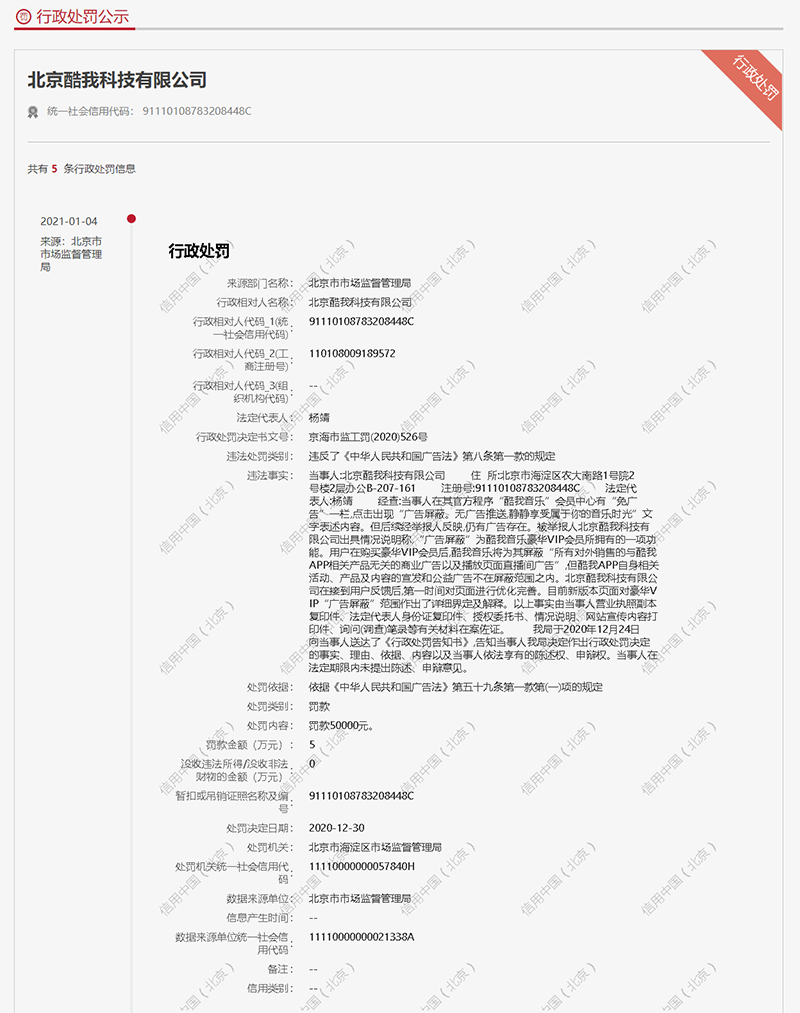 酷我音乐违反广告法遭市场监管罚款5万 被指会员广告屏蔽功能不实