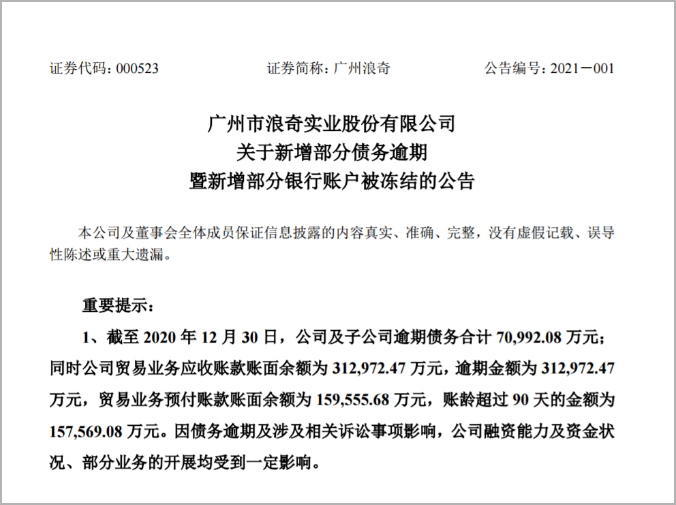 广州浪奇逾期债务达7.09亿元，市值半年下跌15亿