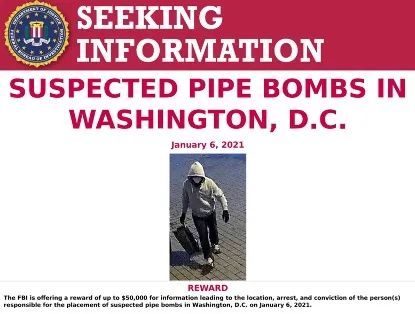 此前FBI公布在华盛顿安装炸弹嫌疑人照片，悬赏5万美元征集信息。图源：FBI网站。