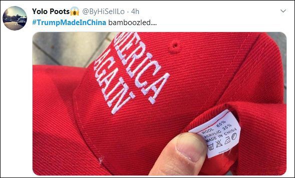 特朗普支持者晒出中国制造的“MAGA”帽 推特截图