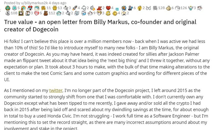 狗狗币要成下一个游戏驿站？创始人:我对暴涨无法理解