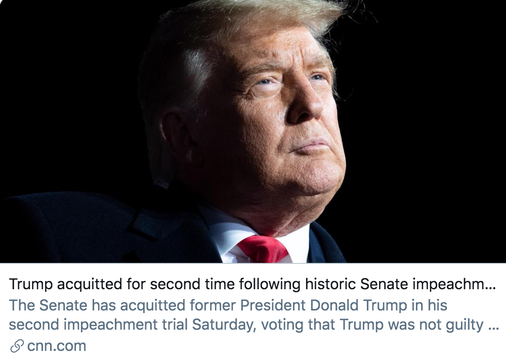 ▲在历史性的参议院弹劾审判后，特朗普第二次被判无罪。/ CNN报道截图
