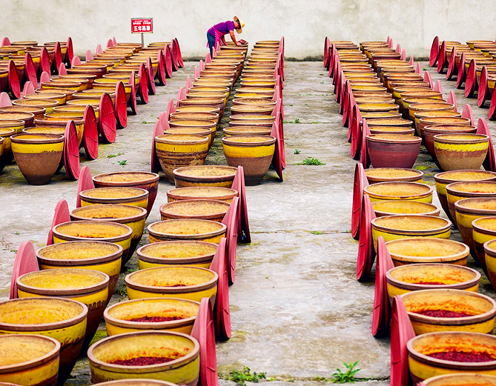 绍丰和豆瓣酱厂的传统生产方法。这个厂经营者的祖先 就是豆瓣酱的发明人——福建移民陈逸仙。（图片来源：《川菜》）
