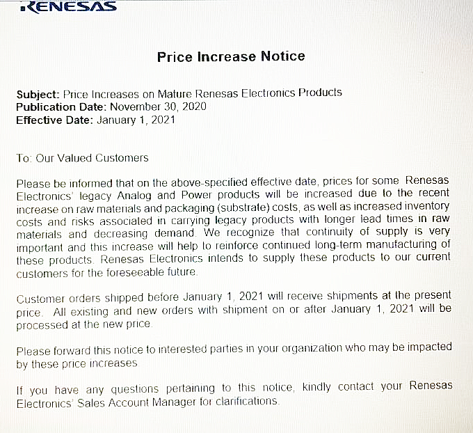 瑞萨电子宣布自2021年1月起芯片涨价