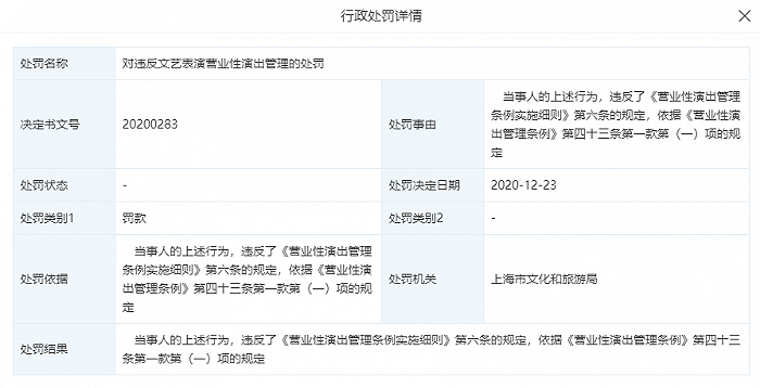 笑果文化子公司因违反营业性演出管理条例被行政处罚