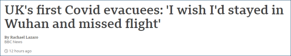 英国首批撤离武汉的公民：“我希望当时错过航班，留在武汉”（BBC31日报道截图）